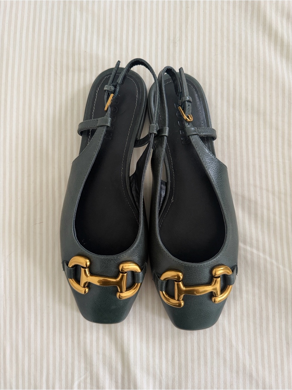 Boden Dark Green Leather Slingback Flats with Gold Buckle